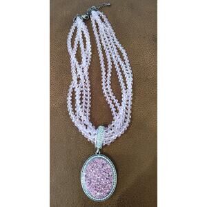 Joan Rivers Purple 5 strand Pink Czech Glass Bead Necklace Druzy Pendant Signed
